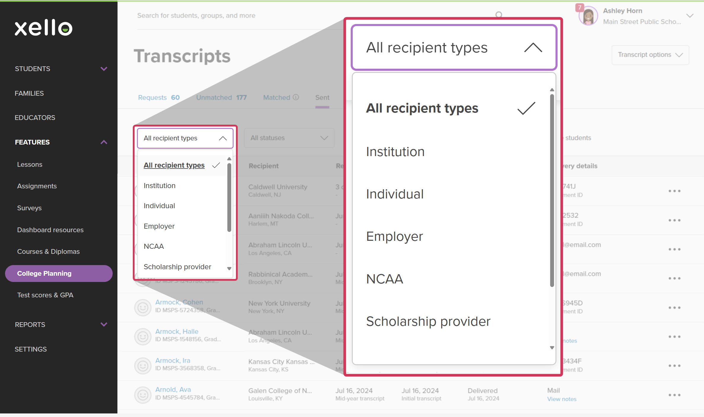 Transcripts page in Xello, the Sent tab is open. The "All recipient types" dropdown is open showing different options such as "Institution", "Individual", "Employer", "NCAA" and more